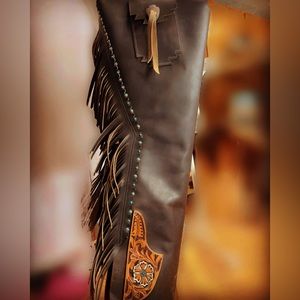 Dark brown chaps with turquoise